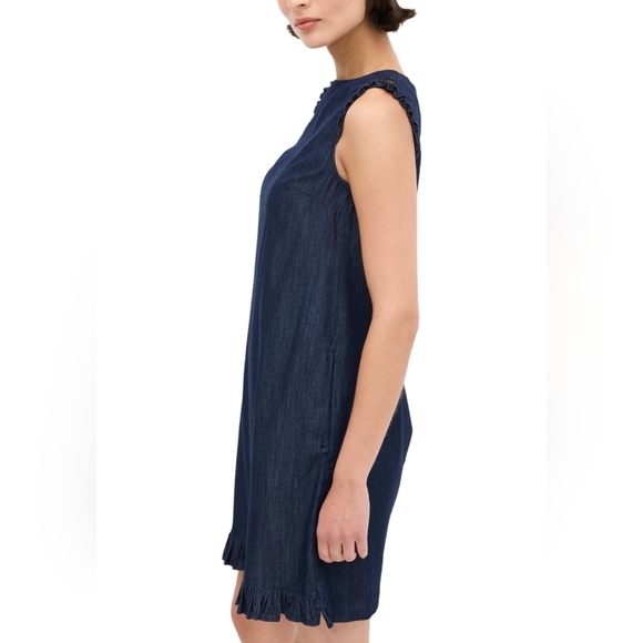 S Max Mara Denim Sleeveless Shift Dress Size US 6 Cotton Ruffle Hem Pockets - Picture 2 of 13